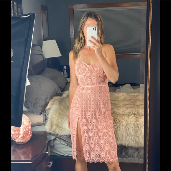 For Love And Lemons | Dresses | For Love Lemons Dakota Lace Bustier  Bodysuit Slit Midi Dress In Peach | Poshmark